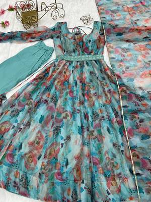 Tabby Organza Silk Fabric Fully Flair Kali Pattern And Canvas Patta Anarkali Kurti With Waist Belt, Duppta And Pent Set 6