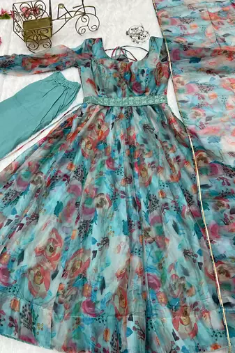 Tabby Organza Silk Fabric Fully Flair Kali Pattern And Canvas Patta Anarkali Kurti With Waist Belt, Duppta And Pent Set