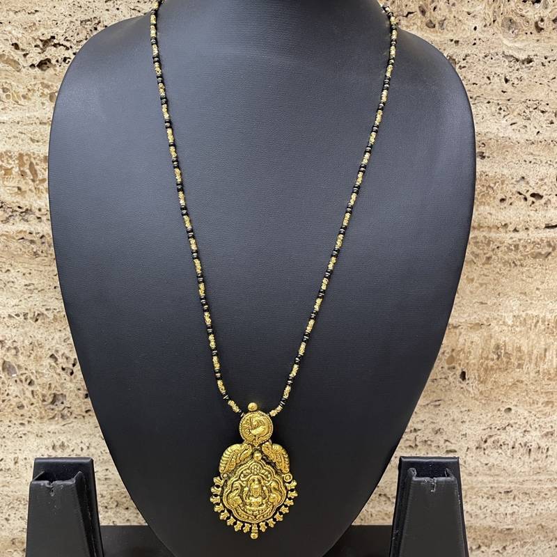 Gold plated maharashtrian long mangalsutra laxmi pendant gold & black beads chain designs