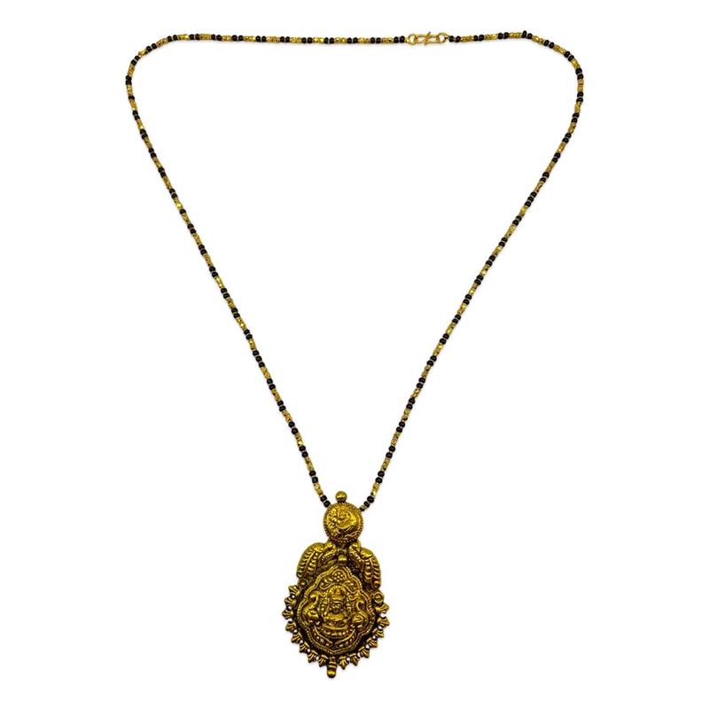 Gold plated maharashtrian long mangalsutra laxmi pendant gold & black beads chain designs