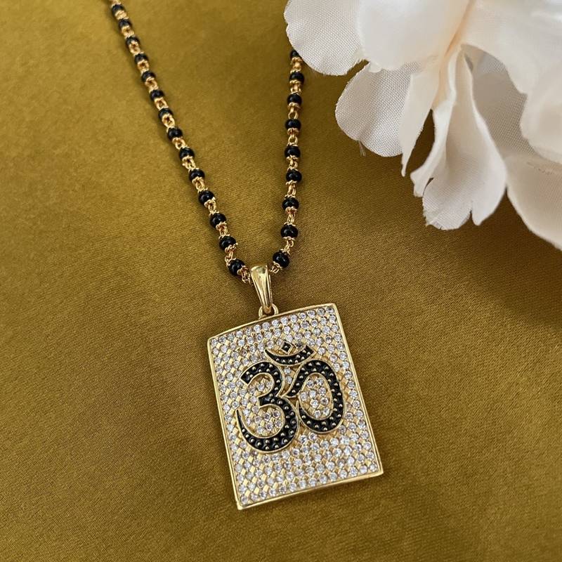 Gold plated maharashtrian long mangalsutra ad,om square pendant