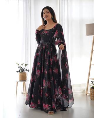 Soft Organza Silk Anarkali Kali Cut Gown, Waist Belt, With Duppta And Pent Fully Stitched 1