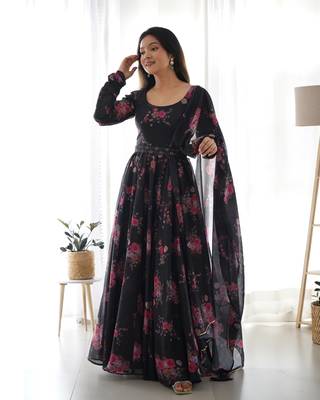 Soft Organza Silk Anarkali Kali Cut Gown, Waist Belt, With Duppta And Pent Fully Stitched 3
