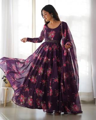 Soft Organza Silk Anarkali Kali Cut Gown, Waist Belt, With Duppta And Pent Fully Stitched 1