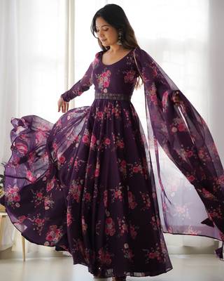 Soft Organza Silk Anarkali Kali Cut Gown, Waist Belt, With Duppta And Pent Fully Stitched 3