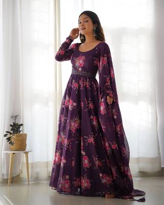 Soft Organza Silk Anarkali Kali Cut Gown, Waist Belt, With Duppta And Pent Fully Stitched 4