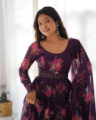 Soft Organza Silk Anarkali Kali Cut Gown, Waist Belt, With Duppta And Pent Fully Stitched 5