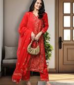 Ada Hand Embroidered Red Georgette Lucknowi Chikankari Indian Women Unstitched Suit Piece - A211171