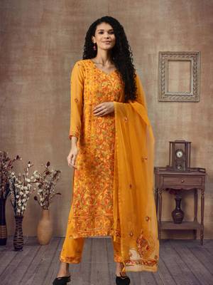Ada Hand Embroidered Mustard Georgette Lucknowi Chikankari Indian Women Unstitched Suit Piece - A211172 1