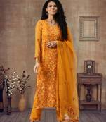 Ada Hand Embroidered Mustard Georgette Lucknowi Chikankari Indian Women Unstitched Suit Piece - A211172
