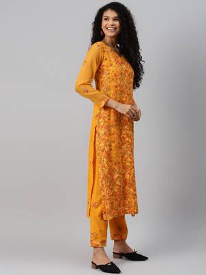 Ada Hand Embroidered Mustard Georgette Lucknowi Chikankari Indian Women Unstitched Suit Piece - A211172 3