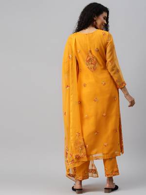 Ada Hand Embroidered Mustard Georgette Lucknowi Chikankari Indian Women Unstitched Suit Piece - A211172 4