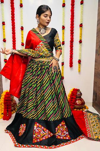 NAVRATRI SPECIAL MULTICOLOR LEHERIYA PRINTED SEMI-STITCHED LEHENGA, UN-STITCHED BLOUSE , DUPATTA