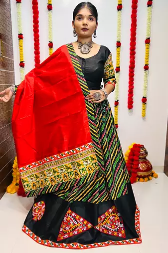 NAVRATRI SPECIAL MULTICOLOR LEHERIYA PRINTED SEMI-STITCHED LEHENGA, UN-STITCHED BLOUSE , DUPATTA
