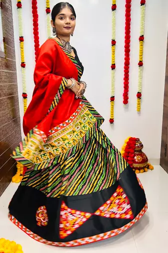 NAVRATRI SPECIAL MULTICOLOR LEHERIYA PRINTED SEMI-STITCHED LEHENGA, UN-STITCHED BLOUSE , DUPATTA