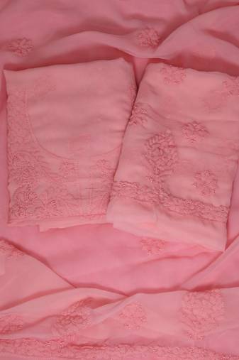 Ada Hand Embroidered Peach Georgette Lucknowi Chikan Indian Women Unstitched Suit Piece - A211219