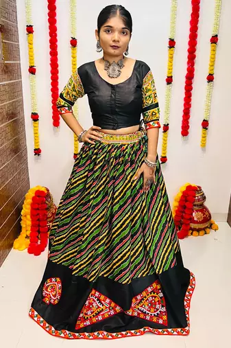 NAVRATRI SPECIAL MULTICOLOR LEHERIYA PRINTED SEMI-STITCHED LEHENGA, UN-STITCHED BLOUSE , DUPATTA
