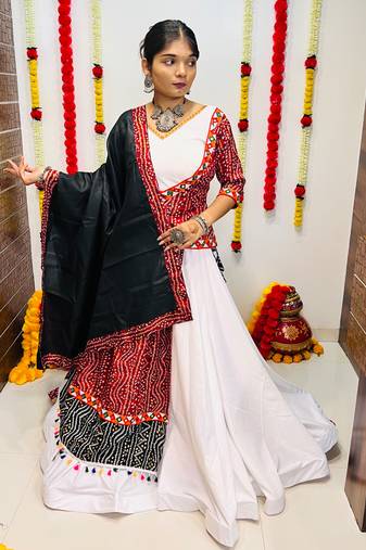 NAVRATRI SPECIAL RED & WHITE COLOR PRINTED SEMI-STITCHED LEHENGA, UN-STITCHED BLOUSE , DUPATTA
