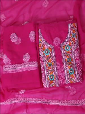 Ada Handcrafted Magenta Georgette Lucknowi Chikankari Indian Women Unstitched Suit Piece with Parsi Work - A211259 1