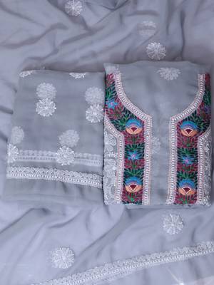 Ada Hand Embroidered Grey Georgette Lucknowi Chikankari Indian Women Unstitched Suit Piece with Parsi Work - A211262 1