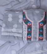 Ada Hand Embroidered Grey Georgette Lucknowi Chikankari Indian Women Unstitched Suit Piece with Parsi Work - A211262