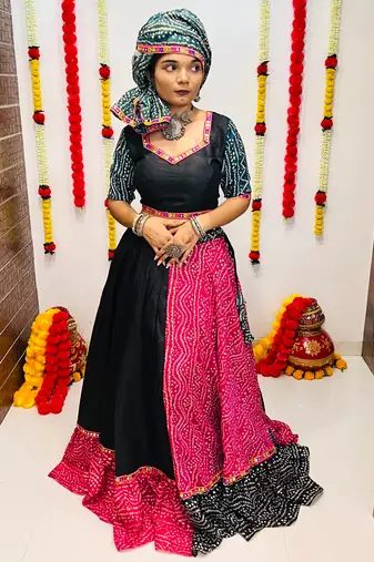 NAVRATRI SPECIAL PINK & BLACK PRINTED SEMI-STITCHED LEHENGA, UN-STITCHED BLOUSE , DUPATTA
