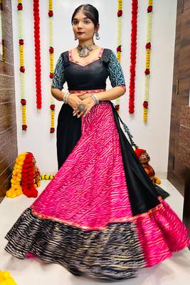 NAVRATRI SPECIAL PINK & BLACK PRINTED SEMI-STITCHED LEHENGA, UN-STITCHED BLOUSE , DUPATTA 4