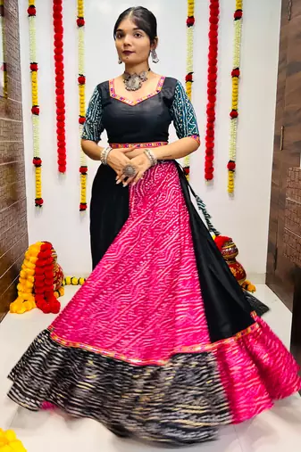 NAVRATRI SPECIAL PINK & BLACK PRINTED SEMI-STITCHED LEHENGA, UN-STITCHED BLOUSE , DUPATTA