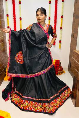 NAVRATRI SPECIAL BLACK COLOR GAMTHI WORK SEMI-STITCHED LEHENGA, UN-STITCHED BLOUSE , DUPATTA 2