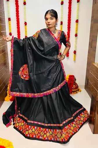 NAVRATRI SPECIAL BLACK COLOR GAMTHI WORK SEMI-STITCHED LEHENGA, UN-STITCHED BLOUSE , DUPATTA