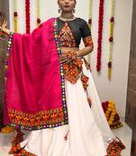 WHITE COLOR GAMTHI WORK COTTON SEMI-STITCHED NAVRATRI LEHENGA, UN-STITCHED BLOUSE , DUPATTA