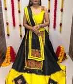 BLACK & LEMON COLOR GAMTHI WORK COTTON SEMI-STITCHED NAVRATRI LEHENGA, UN-STITCHED BLOUSE , DUPATTA
