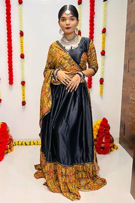 BLACK COLOR SILK PRINTED COTTON STITCHED NAVRATRI LEHENGA, UN-STITCHED BLOUSE , DUPATTA 1