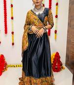 BLACK COLOR SILK PRINTED COTTON STITCHED NAVRATRI LEHENGA, UN-STITCHED BLOUSE , DUPATTA