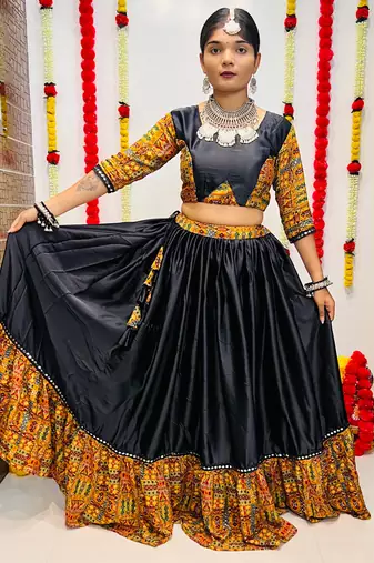 BLACK COLOR SILK PRINTED COTTON STITCHED NAVRATRI LEHENGA, UN-STITCHED BLOUSE , DUPATTA