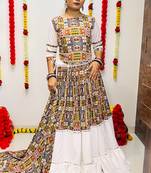 WHITE COLOR SILK PRINTED COTTON SEMI-STITCHED NAVRATRI LEHENGA, UN-STITCHED BLOUSE , DUPATTA