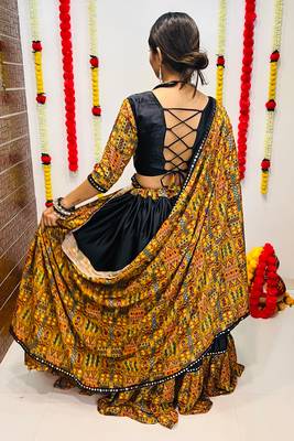 BLACK COLOR SILK PRINTED COTTON STITCHED NAVRATRI LEHENGA, UN-STITCHED BLOUSE , DUPATTA 4