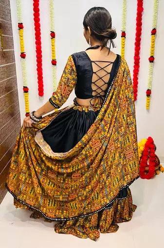 BLACK COLOR SILK PRINTED COTTON STITCHED NAVRATRI LEHENGA, UN-STITCHED BLOUSE , DUPATTA