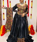 BLACK COLOR SILK PRINTED COTTON SEMI-STITCHED NAVRATRI LEHENGA, UN-STITCHED BLOUSE , DUPATTA