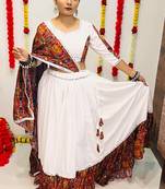 WHITE COLOR SILK PRINTED COTTON SEMI-STITCHED NAVRATRI LEHENGA, UN-STITCHED BLOUSE , DUPATTA