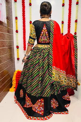 NAVRATRI SPECIAL MULTICOLOR LEHERIYA PRINTED SEMI-STITCHED LEHENGA, UN-STITCHED BLOUSE , DUPATTA