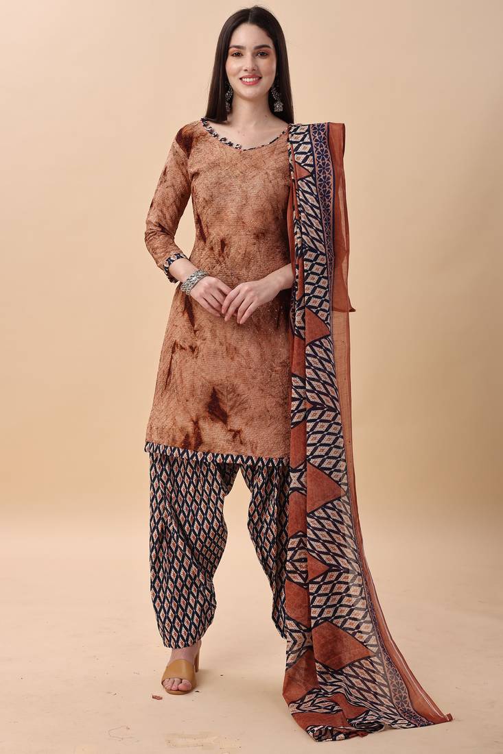 Brown embroidered cotton unstitched salwar salwar suit material