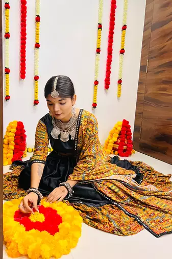 BLACK COLOR SILK PRINTED COTTON STITCHED NAVRATRI LEHENGA, UN-STITCHED BLOUSE , DUPATTA