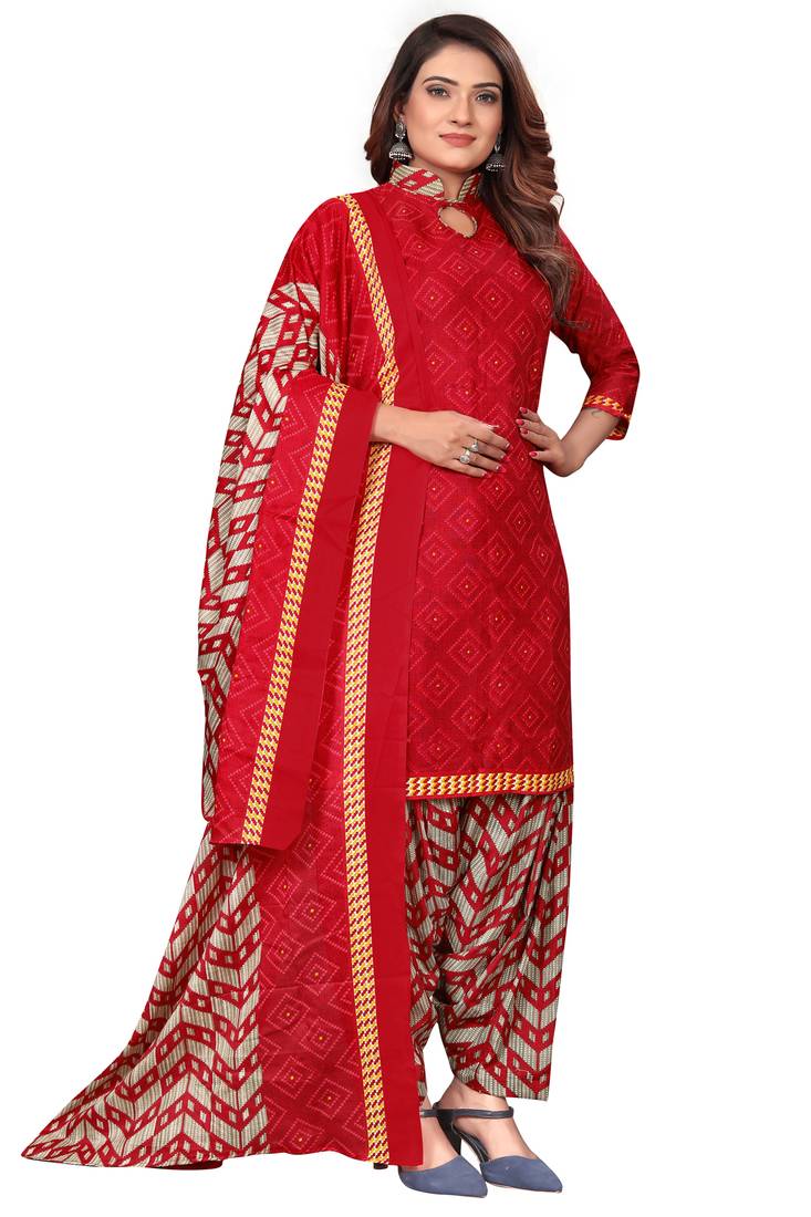 Red printed cotton unstitched salwar salwar suit material