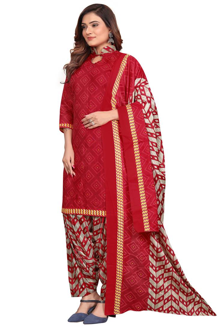 Red printed cotton unstitched salwar salwar suit material
