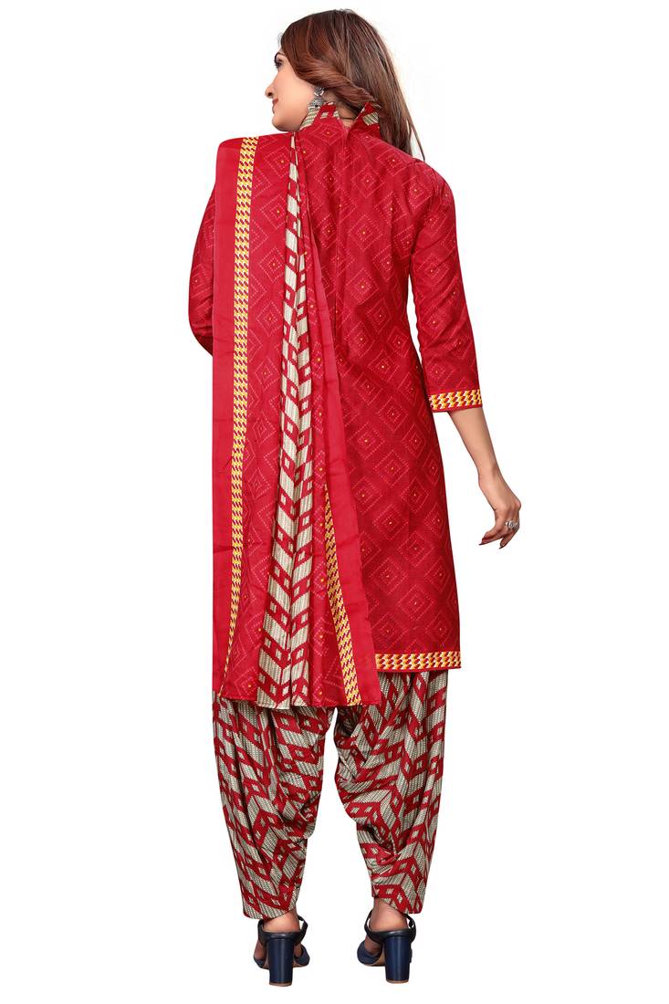 Red printed cotton unstitched salwar salwar suit material