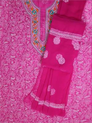 Ada Handcrafted Magenta Georgette Lucknowi Chikankari Indian Women Unstitched Suit Piece with Parsi Work - A211259 2