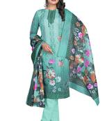 Sea green digital printed & embroidered cotton unstitched salwar salwar suit material