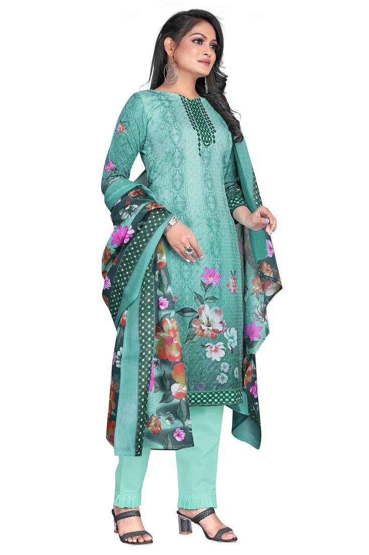 Sea green digital printed & embroidered cotton unstitched salwar salwar suit material