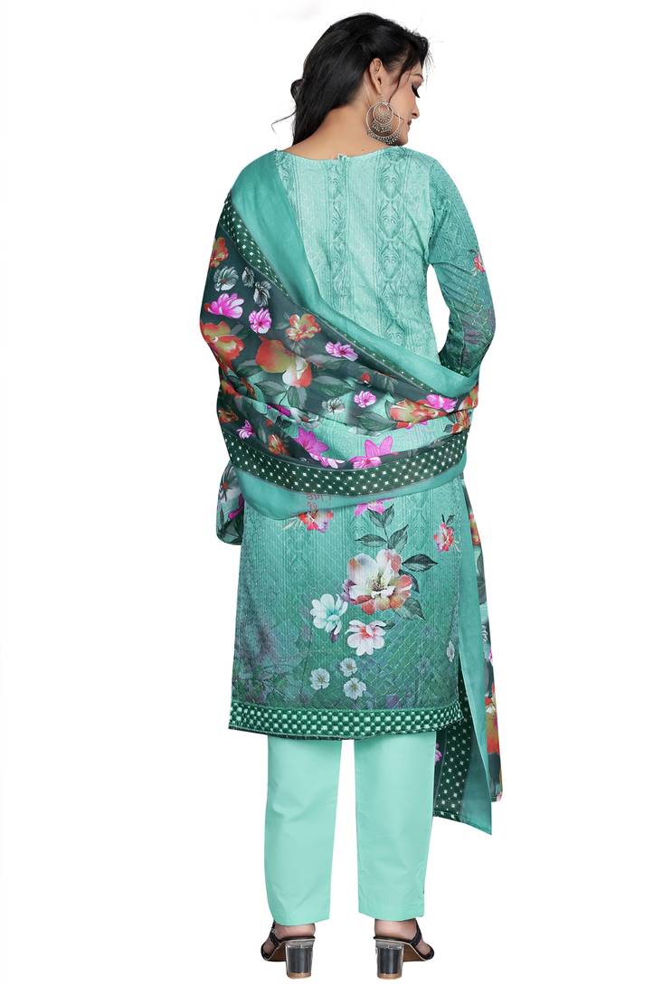 Sea green digital printed & embroidered cotton unstitched salwar salwar suit material